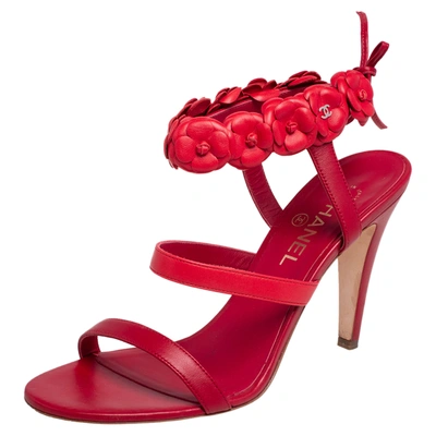 Pre-owned Chanel Red Leather Camellia Appliqu&eacute; Ankle Strap Sandals Size 40.5