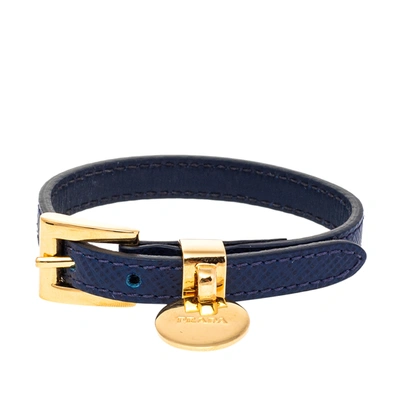 Pre-owned Prada Blue Saffiano Leather Gold Tone Logo Charm Bracelet