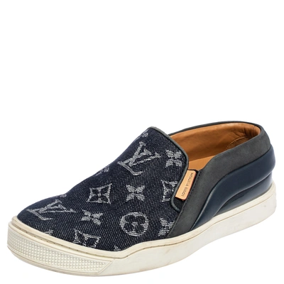 Pre-owned Louis Vuitton Denim Monogram Tempo Slip On Sneakers Size 34 In Navy Blue