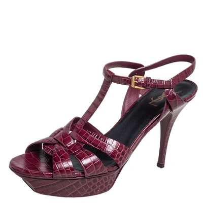 Pre-owned Saint Laurent Magenta Croc Embossed Leather Tribute Sandals Size 42 In Purple