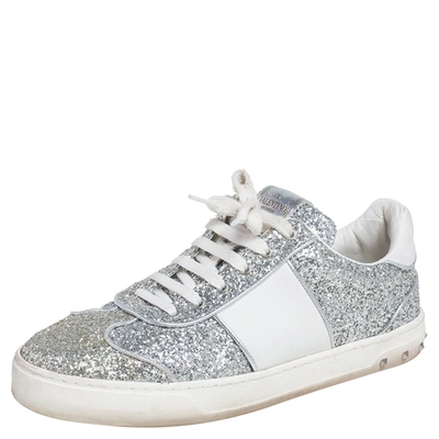Pre-owned Valentino Garavani Silver/white Glitter And Leather Fly Crew Low Top Sneakers Size 40