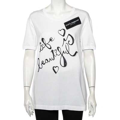 Pre-owned Dolce & Gabbana White Cotton Life Is Beautiful Embroidered T-shirt L