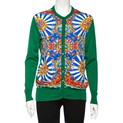 Pre-owned Dolce & Gabbana Green And Multicolor Silk Carretto Siciliano Print Cardigan S