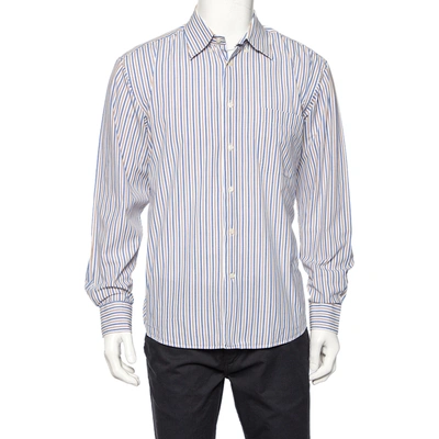 Pre-owned Balmain White Striped Cotton Button Front Shirt L