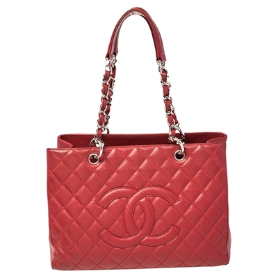 Pre-owned Chanel Red Quilted Caviar Leather Grand Shopping Tote
