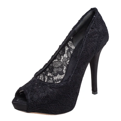 Pre-owned Dolce & Gabbana Black Lace Peep Toe Platform Pumps Size 38.5