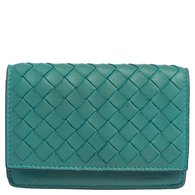 Pre-owned Bottega Veneta Turquoise Intrecciato Leather Business Card Holder In Green