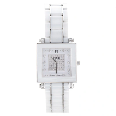 Pre-owned Fendi White Ceramic And Stainless Steel Diamonds Quadro 6200g Women's Wristwatch 30 Mm