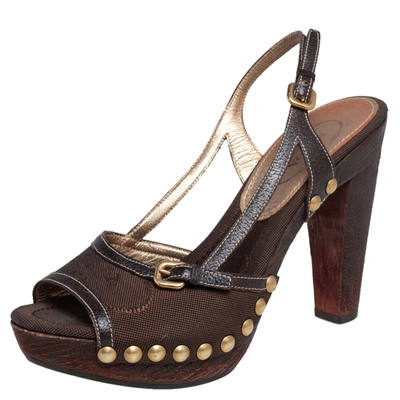 Pre-owned Prada Brown Fabric And Leather Trim Studded Wooden Platform Sandals Size 38