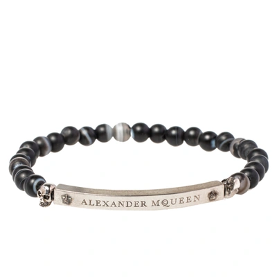Pre-owned Alexander Mcqueen Silver Tone Skull Charm Agate Beaded Bracelet