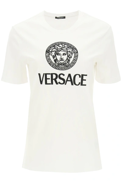 Shop Versace T-shirt With Logo And Medusa Embroidery In White,black
