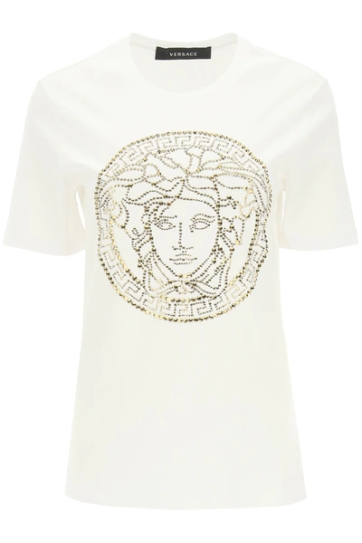 Shop Versace Medusa T-shirt With Studs And Rhinestones In White,gold