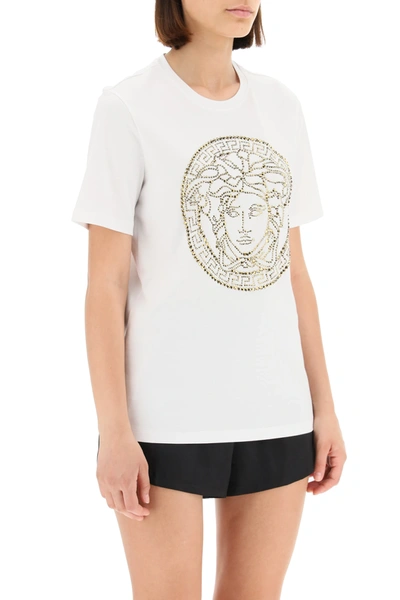 Shop Versace Medusa T-shirt With Studs And Rhinestones In White,gold