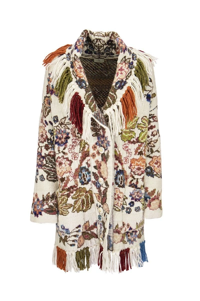 Shop Etro Jacquard Knitted Coat With Fringes In Multicolor