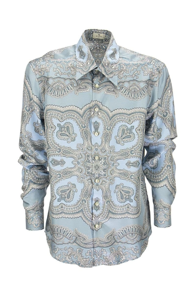 Shop Etro Silk Paisley Print Shirt In Light Blue