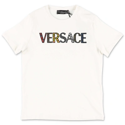 Shop Versace Young  T-shirt Bianca In Jersey Di Cotone In Bianco