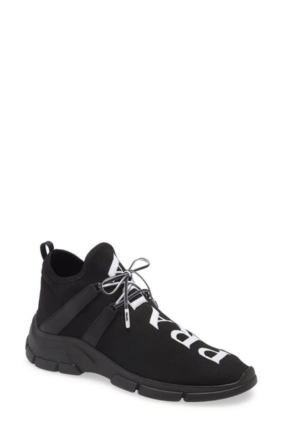 Shop Prada High Top Knit Sneaker In Black/ Black