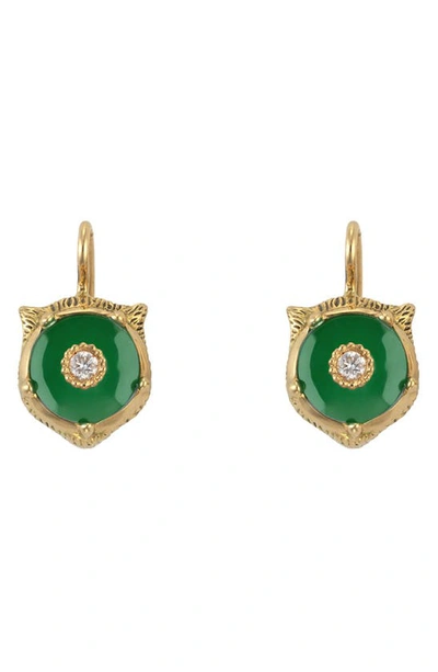 Shop Gucci Le Marche Des Merveilles Feline Head Earrings In Yellow Gold/ Green Jade