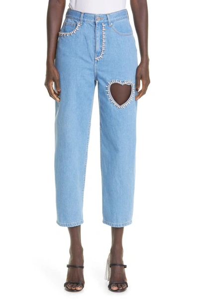 Shop Area Crystal Heart Cutout High Waist Crop Jeans In Indigo
