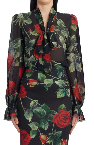 Shop Dolce & Gabbana Rose Print Tie Neck Silk Chiffon Blouse In Black