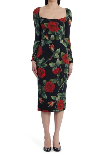 Shop Dolce & Gabbana Rose Print Long Sleeve Silk Stretch Charmeuse Dress In Black Rose