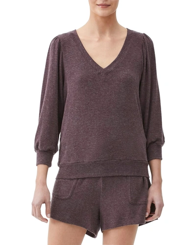 Shop Michael Stars Gabriella V-neck 3/4-sleeve Sweatshirt In Heather Dark Matc