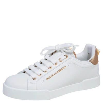 Pre-owned Dolce & Gabbana White Leather Portofino Sneakers Size 37.5