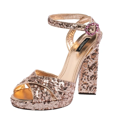 Pre-owned Dolce & Gabbana Rose Gold Sequin And Leather Platform Ankle Strap Sandals Size 40