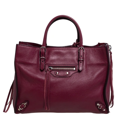 Pre-owned Balenciaga Pourpre Veau Leather Papier A6 Side Zip Tote In Burgundy