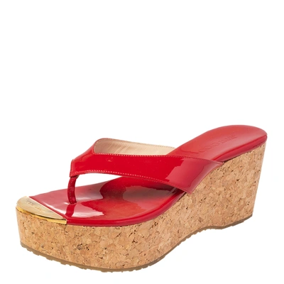 Pre-owned Jimmy Choo Red Patent Leather Thong Cork Wedge Sandals Size 38