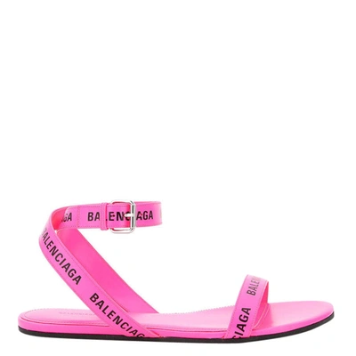 Pre-owned Balenciaga Pink Leather All Over Logo Round Flat Sandals Size It 36