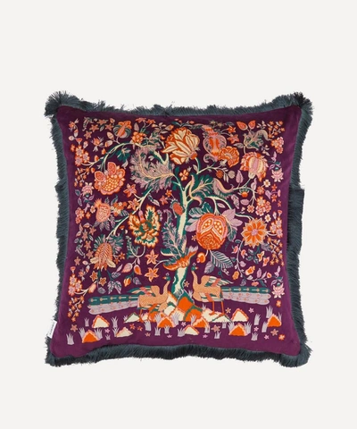 Shop Liberty Tree Of Life Fringed Velvet Cushion In Purple