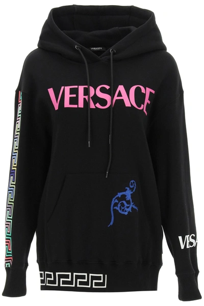 Shop Versace Hoodie With Logo And Greca Embroidery In Mixed Colours