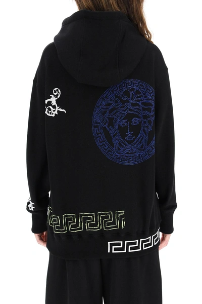 Shop Versace Hoodie With Logo And Greca Embroidery In Mixed Colours