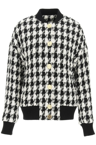 Shop Balmain Houndstooth Tweed Bomber Jacket With Golden Buttons In Mixed Colours