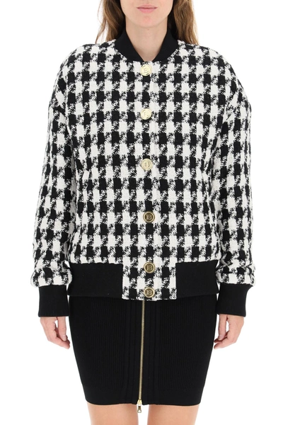 Shop Balmain Houndstooth Tweed Bomber Jacket With Golden Buttons In Mixed Colours