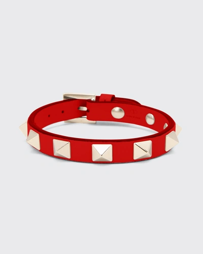 Shop Valentino Rockstud Leather Bracelet With Platino Studs In Red