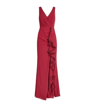 Shop Badgley Mischka V-neck Ruffled Gown In Pink