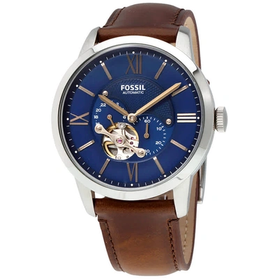 Shop Fossil Townsman Automatic Blue Satin Dial Mens Watch Me3110 In Blue / Brown / Gold Tone / Rose / Rose Gold Tone