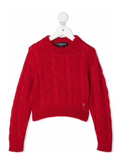 Shop Versace Cable-knit Rib-trimmed Jumper In Red