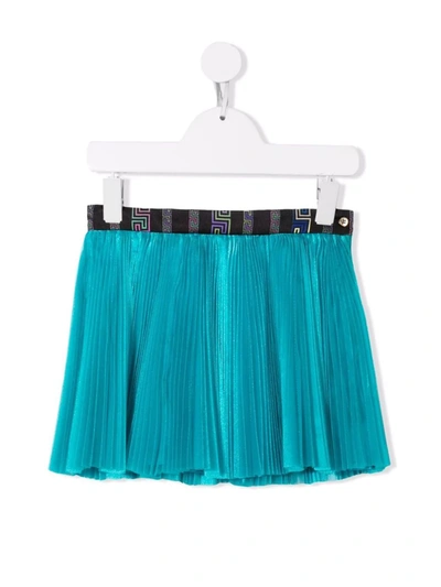 Shop Versace Logo-waistband Pleated Skirt In Blue