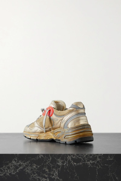 Shop Golden Goose Dad-star Distressed Metallic Mesh And Leather Sneakers In Gold