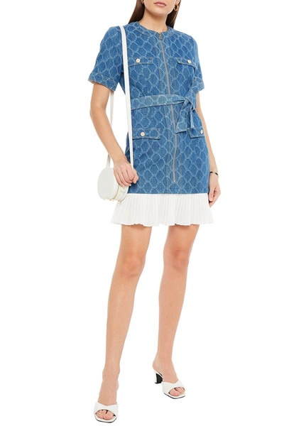 Sandro Kayle Crepe De Chine-paneled Denim-jacquard Mini Dress In Blue |  ModeSens