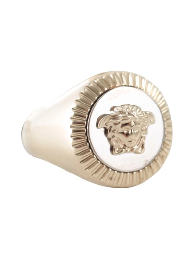 Shop Versace Logo Engraved Medusa Ring In Gold