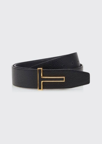 Shop Tom Ford Men's Grained Leather T-buckle Belt In Black