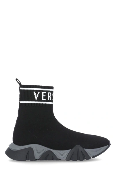 Shop Versace Kids Logo Intarsia Sneakers In Black