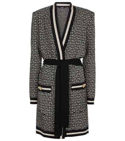 Shop Balmain Monogram Jacquard Wool-blend Cardigan In Black