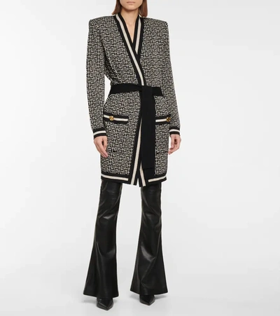 Shop Balmain Monogram Jacquard Wool-blend Cardigan In Black