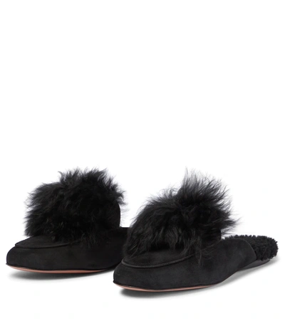 Shop Aquazzura Foxy Pompom Suede Slippers In Black