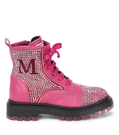 Monnalisa Embellished Leather Boots In Pink